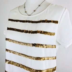 Kut from the Kloth White Top w Bronze Gold sequins short sleeve blouse, size M